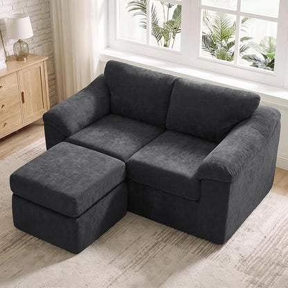 L Shaped Boneless Couch, Modern Loveseat Sofa with Ottoman, Floor Cloud Couch Sets with Extra Comfy Soft Deep Seats for Living Room, Apartment, No Assemby, Dark Gray