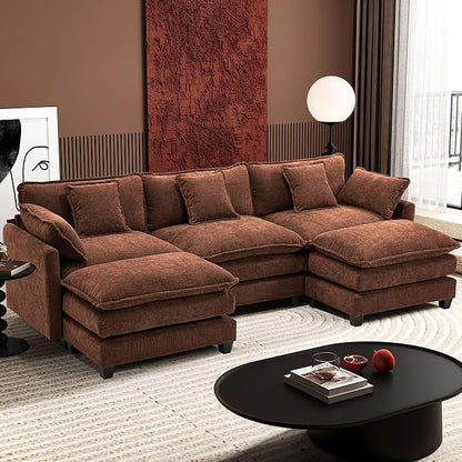 Ihanherry 111.4" U Shaped Modern Sofa Modular Sectional Luxurious and Comfortable with 2 Ottoman, 5-Seat Chenille Deep Seat Sofa with Pillow for Living Room, Bedroom and Apartment, Brick Red