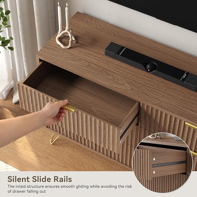 Fluted 6 Drawers Dresser for Bedroom, Wood Dressers with Scratch-Proof Golden Handles, Natural Curved Profile, Modern Double Chest for Living Room, Hallway, Entryway, Natural Oak