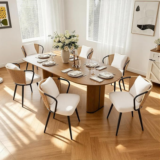 Modern Rattan Dining Chairs Set of 6, Upholstered Kitchen Chair with Metal Legs, Ergonomic Curved Backrest, Mid Century Living Room Chairs with Throw Pillow for Home, Natural