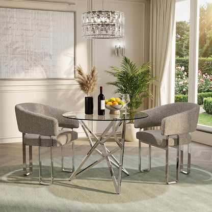 Boucle Dining Chair, Grey Barrel Chairs with Arm, Backrest, and Mirrored Silver Stainless Steel U-Shaped Legs, Set of 1