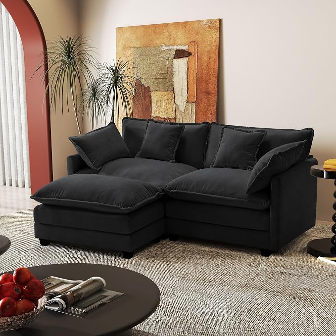 77.6" Modular Sectional Sofa,Loveseat Couch for Living Room, Modern Deep Seat Sofa 2 Seater Chenille Fabric Comfy Cloud Couches with Throw Pillows & Ottoman for Apartment,Small Spaces
