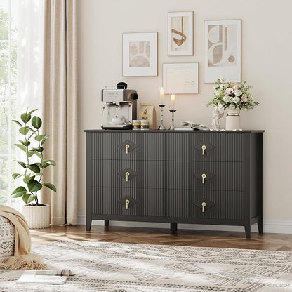 GarveeHome Fluted Dresser for Bedroom, 54 Inch Wide 6-Drawer Wood Dresser, Modern Chest of Drawers, Storage Organizer Cabinet for Living Room, Hallway, Entryway, Black