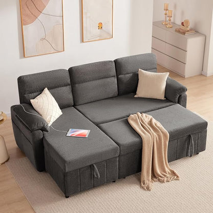 Tbfit 80'' Pull Out Sofa, 3 in 1 Sleeper Sofa Couch with USB & Storage Chaise, Cloud Sofa Bed with Pull Out Bed, Chenille Convertible Sleeper Sofas for Living Room, Small Spaces, Dark Gray