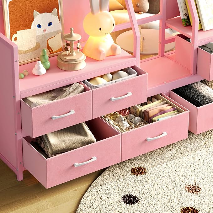 Bellemave Twin Size Low Loft Bed with 8 Fabric Storage Drawers,Metal Loft Bed Frame with Shelves and LED Lights for Boys Girls,Kids Loft Bed Twin Size,Pink