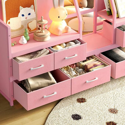 Bellemave Twin Size Low Loft Bed with 8 Fabric Storage Drawers,Metal Loft Bed Frame with Shelves and LED Lights for Boys Girls,Kids Loft Bed Twin Size,Pink