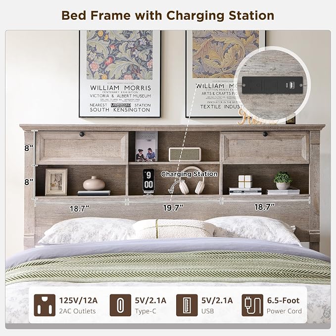 Farmhouse Queen Size Bed Frame with 54" Tall Storage Bookcase Headboard, 18" Roman Column Decoration Footboard,2 Drawer & 4 Storage Rack,Wood Platform Bed Frame, No Box Spring Needed(Light Rustic Oak)