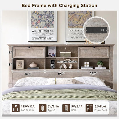 Farmhouse Queen Size Bed Frame with 54" Tall Storage Bookcase Headboard, 18" Roman Column Decoration Footboard,2 Drawer & 4 Storage Rack,Wood Platform Bed Frame, No Box Spring Needed(Light Rustic Oak)