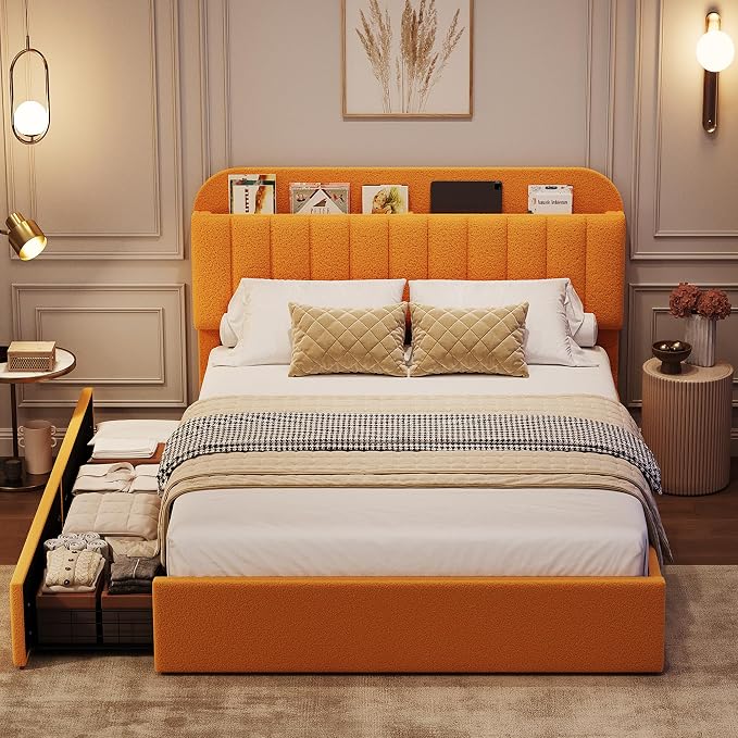 GarveeHome Full Bed Frame with Storage Headboard, Kids Bed Frame with 2 Drawers, Boucle Upholstered Platform Bed with Bookcase, No Box Spring Needed, Easy Assembly, Yellow