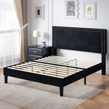 VECELO Queen Size Platform Bed Frame with Height Adjustable Upholstered Headboard, Modern Mattress Foundation,Strong Wood Slat Support, No Box Spring Needed, Easy Assembly,Black