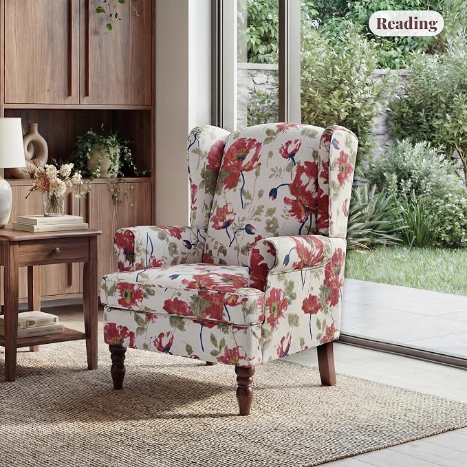 EROMMY Floral Accent Chair, Comfortable High Back Upholstered Armchair with Solid Wood Legs, Leisure Single Sofa Chair for Living Room, Bedroom, Home Office, Pink Floral