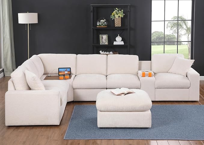 Ball & Cast 127" Oversized Modular Sectional Sofa L-Shaped,Large Chenille Upholstered Couch 7 Seat with Ottoman,Cup Holders & USB Ports,Comfty Sectionals W/Pillows & Storage Box,for Living Room,Beige