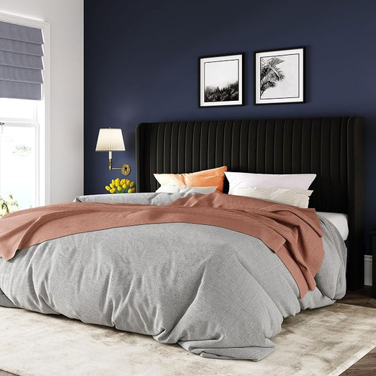 Allewie King Size Velvet Bed Frame/Vertical Channel Tufted Wingback Headboard/Upholstered Platform Bed/Strong Wooden Slats/No Box Spring Needed/Easy Assembly/Black