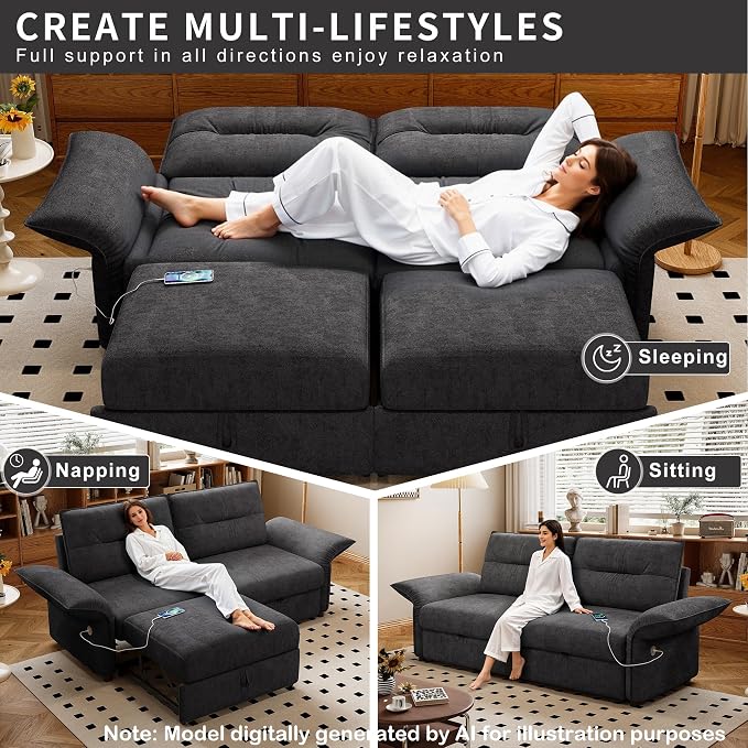 85" Pull Out Sofa Bed Full Size, Pre-Assembled Flannel Sleeper Sofa, Convertible Loveseat Futon Couch, Adjustable Armrest with USB, Pillows, for Apartment, Living Room, Small Spaces, Dark Grey