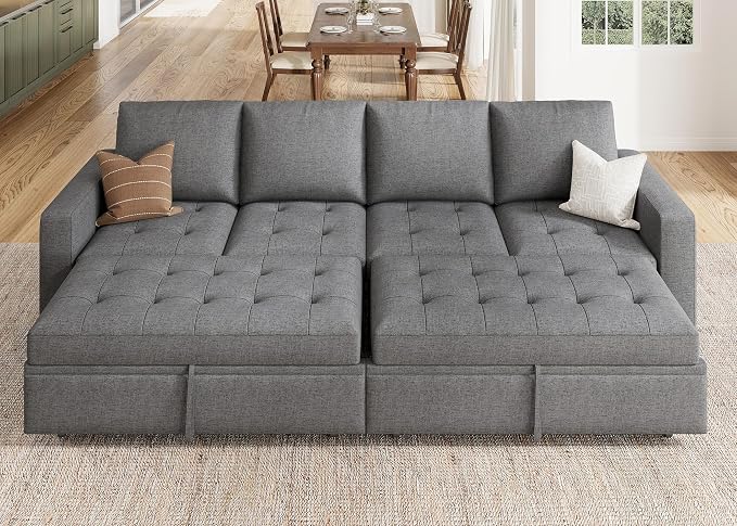 HONBAY Modular Sectional Sleeper Sofa with Pull Out Bed, Linen Convertible Sectional Couches for Living Room,Grey