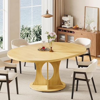 iPormis 43.3-59 Inch Extendable Round Dining Table for 6-8 People, Oval Dinner Table with Adjustable Top and A Stable Round Pedestal Base, Space Saving Wooden Kitchen and Dining Table, Oak
