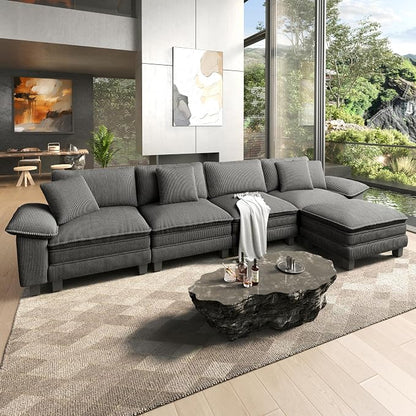 HERA'S HOUSE 158" Oversized Modular Sectional Sofa, Comfy L Shaped Couches for Living Room, Cloud Couch with Ottoman, 5-Seater Deep Seat Sofa with Throw Pillow, Corduroy Grey