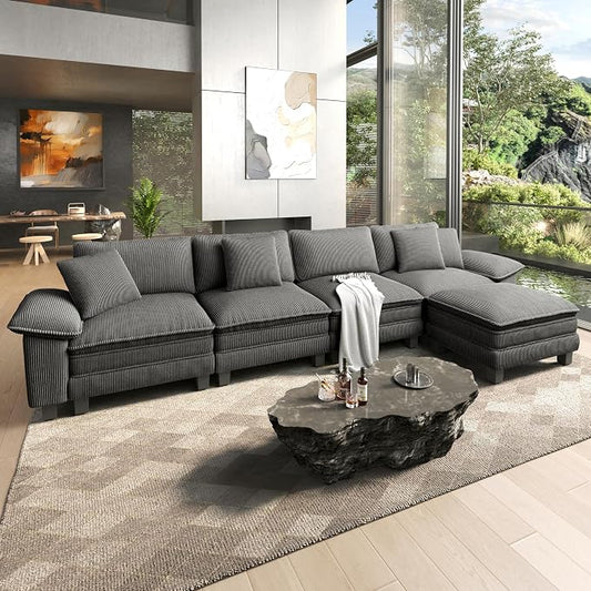 HERA'S HOUSE 158" Oversized Modular Sectional Sofa, Comfy L Shaped Couches for Living Room, Cloud Couch with Ottoman, 5-Seater Deep Seat Sofa with Throw Pillow, Corduroy Grey