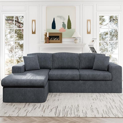 Shintenchi 105" Boneless Couch for Living Room,L Shaped Modular Cloud Sectional Sofa,Fluffy Corduroy Couch with Deep Seated Oversized Chaise Lounge,No Assembly Needed,Dark Gray