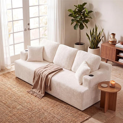 Homall 87” Boneless Sofa Couch with 2 Pillows Extra Deep Seats, Corduroy Fabric 3 Seater with Cup Holder & Storage Pocket Upholstered Floor Easy Installation (White, 3 Seater)