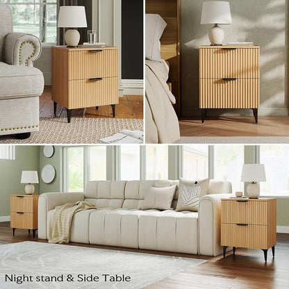 SUNWAVE Fluted Nightstand Set of 2, Modern Night Stands with 2 Drawers, Bedside Table for Twin/Full/Queen Bed, End Table with Robot-Friendly Metal Legs for Bedroom, Living Room