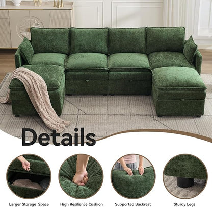 105" Cloud Modular 4 Seater Sofa with 2 Storage Ottoman, Modern Upholstered Sofa Storage Sofa Couch Deep Seat, U Shape Sectional Sofa Chenille Comfy Couch with Armrests for Living Room, Green