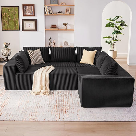 Cloud Couch Sectional, Modular Sofa with Deep Seat, Convertible Sectional Couches for Living Room, Plush Corduroy U Shaped Boneless Couch (Black, 6 Seater & 1 Ottoman)