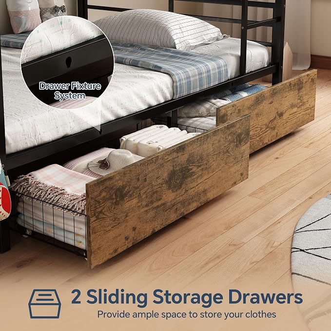 Twin Over Twin Metal Bunk Bed with Storage Station & Rolling Drawers | Built-In USB Charging Station,Hall Tree & Full Safety Guardrails for Bedroom
