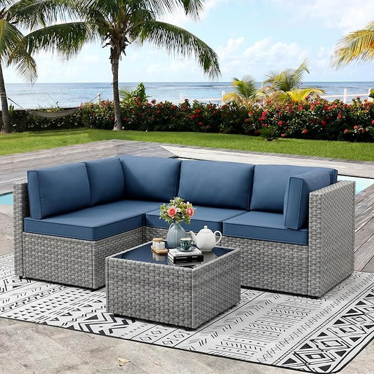 Vongrasig 5 Pieces Outdoor Sectional Furniture, All-Weather Rattan Patio Furniture Set, Wicker Patio Sectional Couch with Cushion, Glass Table, Navy Blue