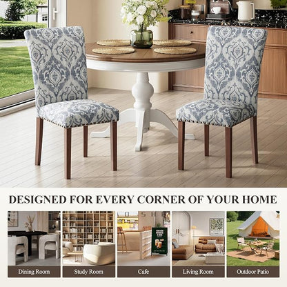 MALOL Dining Chairs Set of 6, High Back Dining Chair with Wood Legs and Nailhead Trim, Modern Padded Kitchen Room Chairs for Dining Room/Restaurant, White/Blue
