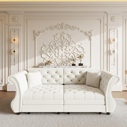 83.8" Oversized Pull Out Sofa Bed, Chesterfield Velvet Sleeper Sofa Couch with Roll Arm & Flower Tufting, Heavy Duty Metal Frame Convertible Sofa for Living Room, Apartment, Guest Room, Beige
