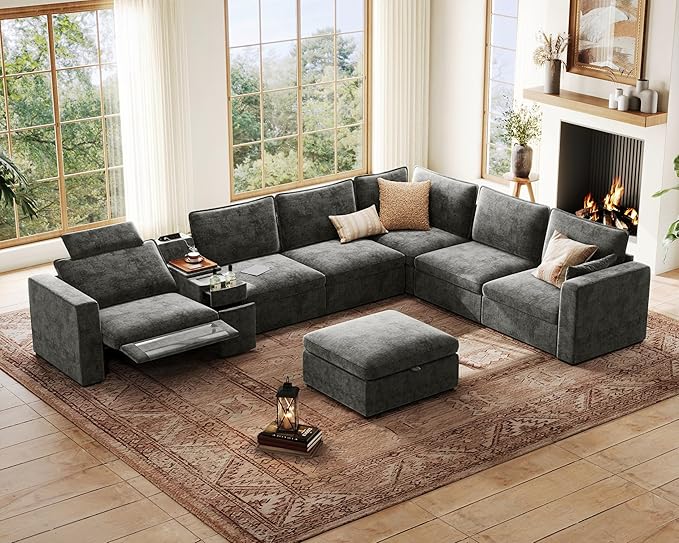 169.7" Oversized Modular Power Recliner Sofa with Headrest, Wall Hugger Cloud Reclining Couch, Drawer Charging Cup Holders, Deep 7-Seater Sectional with Corner and Storage Ottoman, Chenille, Grey
