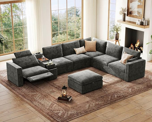 169.7" Oversized Modular Power Recliner Sofa with Headrest, Wall Hugger Cloud Reclining Couch, Drawer Charging Cup Holders, Deep 7-Seater Sectional with Corner and Storage Ottoman, Chenille, Grey