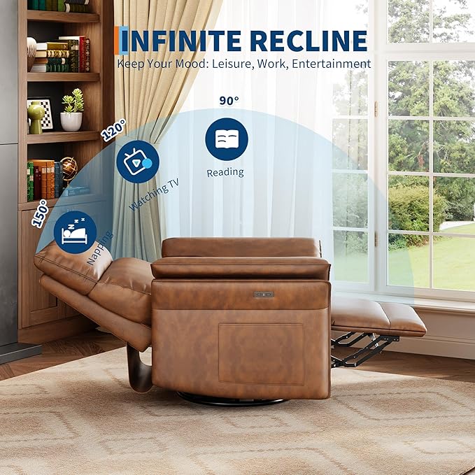 Power Recliner Chair with Side Pockets, 270° PU Leather Swivel & Glider Rocker Armchair with USB Charging Port and Thickened Dual-Layer Armrests, Modern Recliner for Living Room&Nursery (Walnut)