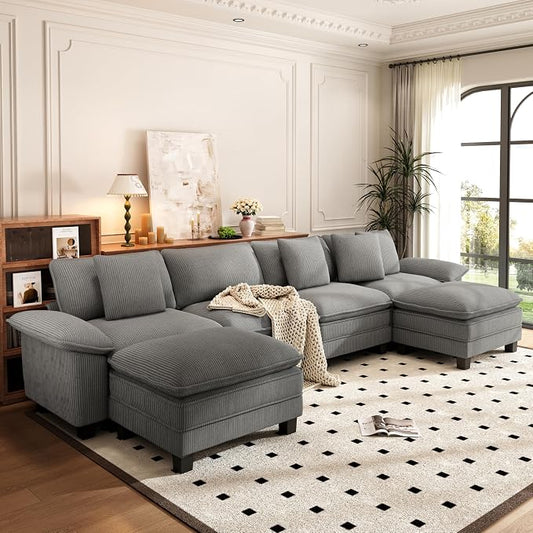 PHI VILLA Cloud Modular Couch Sets, 157.5" Oversized Large Sectional Sofa with U-Shaped Chaise, 6-Seater Couches with Movable Ottomans for Living Room, Corduroy Grey