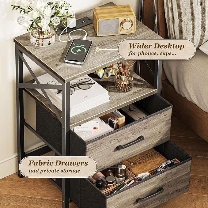 Huuger Night Stand with Charger Station, 2 Drawer Nightstand with Open Shelf, Bed Side Table with USB-C Port, End Table, Compact Size for Small Spaces, X Shaped Side Rail, Oak