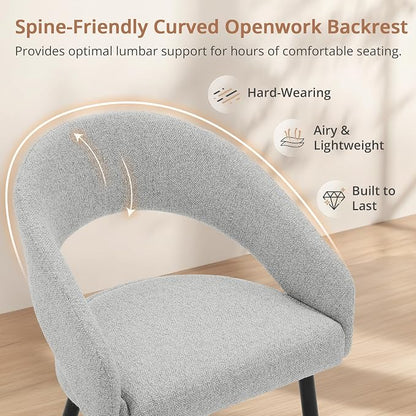 LUE BONA Modern Dining Chairs Set of 4, Upholstered Armrest Side Chairs for Kitchen & Dining Room, 18.5" Seat Height, Comfortable Curved Hollow Backrest, Black Metal Legs, Easy Assembly, Light Grey