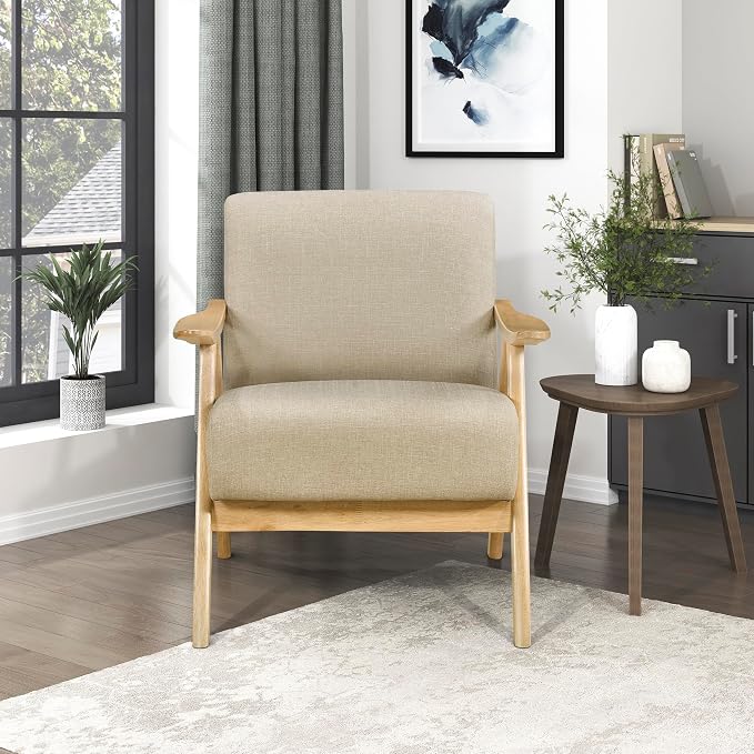 Lexicon Mid Century Modern Accent Chair with Solid Wood Frame in Natural Finish, Textured Fabric Living Room Lounge Arm Chair, Thick and Comfy Innerspring Seat Cushion, Linen-Look Fabric, Light Brown
