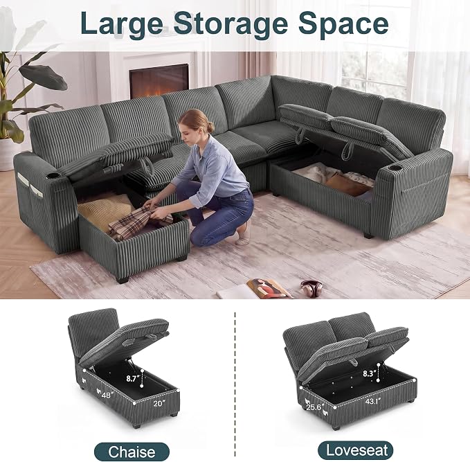Sectional Sleeper Sofa with Pull Out Bed, Plush Corduroy 7 Seat Modular Sectional Sofa with Storage Chaise and Adjustable Backrest, Cloud Couches for Living Room, Apartment, Smoke Grey