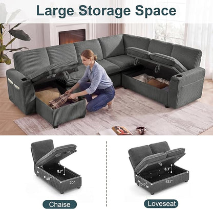 Sectional Sleeper Sofa with Pull Out Bed, Plush Corduroy 7 Seat Modular Sectional Sofa with Storage Chaise and Adjustable Backrest, Cloud Couches for Living Room, Apartment, Smoke Grey