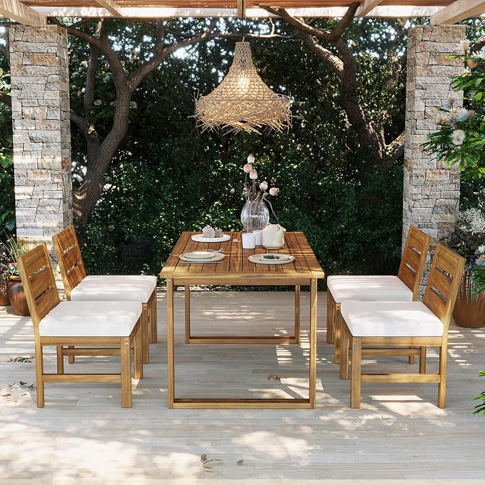 Quarte Premium 4-Piece Farmhouse Outdoor Dining Set in Solid Acacia Wood with Comfort Cushions and Adjustable Legs for Patio, Garden, Backyard (Beige+Natural5)