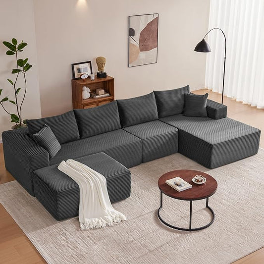Mangodan 140” Cloud Sectional Couch, Boneless Sofa for Living Room, Modular Sectional Sofa with Deep Seat, Comfy Fluffy U-Shaped Couch with Right-Facing Chaise, No Assembly Required, Grey