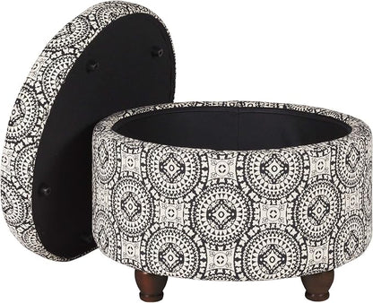 Homepop Home Decor | Upholstered Round Storage Ottoman | Ottoman with Storage for Living Room & Bedroom, Black and White Medallion Large