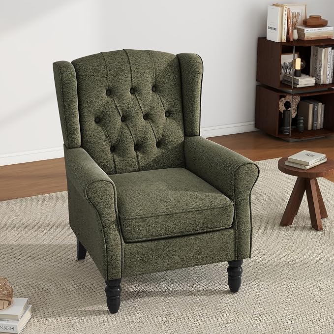 High Back Accent Chair, Fabric Upholstered Armchair Wingback Chair for Living Room, Comfy Single Sofa Solid Wood Legs Bedroom Side Reading Seat - Olive Green