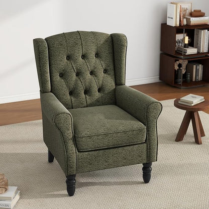 High Back Accent Chair, Fabric Upholstered Armchair Wingback Chair for Living Room, Comfy Single Sofa Solid Wood Legs Bedroom Side Reading Seat - Olive Green