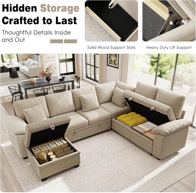 Ihanherry 108" Modular Sectional Sofa with Pull Out Bed, 6-Seater U Shaped Sectional Sleeper Couch with Storage Ottoman, Chenille Convertible Couches for Living Room, Apartment (Sand)
