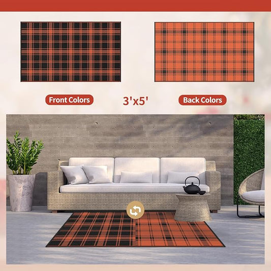 GENIMO Waterproof Outdoor Rug for Patio Clearance, 3'x5' Reversible Plastic Straw Rugs, Lightweight RV Camping Mat for Camper, Balcony, Deck, Backyard, Picnic, Black Orange Plaid