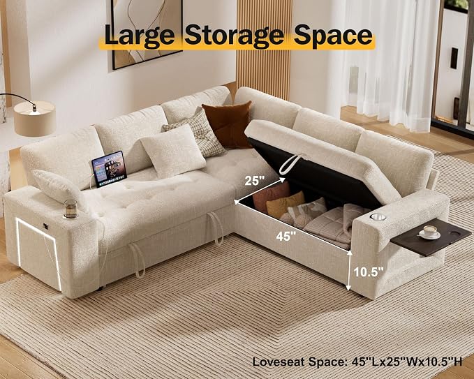 Vipbear 86" Modular Sectional Sleeper Sofa with Pull Out Bed, 5 Seat Chenille L Shaped Couch with USB Ports|Cup Holders|Side Table|Storage Loveseat, Tool Free Assembly, Beige