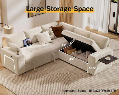 Vipbear 86" Modular Sectional Sleeper Sofa with Pull Out Bed, 5 Seat Chenille L Shaped Couch with USB Ports|Cup Holders|Side Table|Storage Loveseat, Tool Free Assembly, Beige