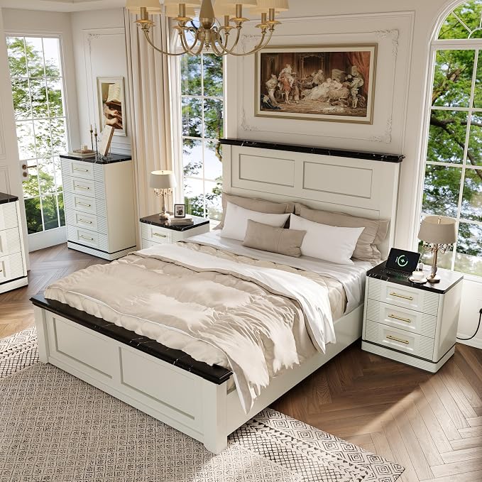 RECHHX Farmhouse 5 Drawers Dresser for Bedroom, 44" Tall Modern Marble-Effect Chest of Drawers, Wooden Thermoformed Curved Dresser Organizer for Bedroom, Living Room, White